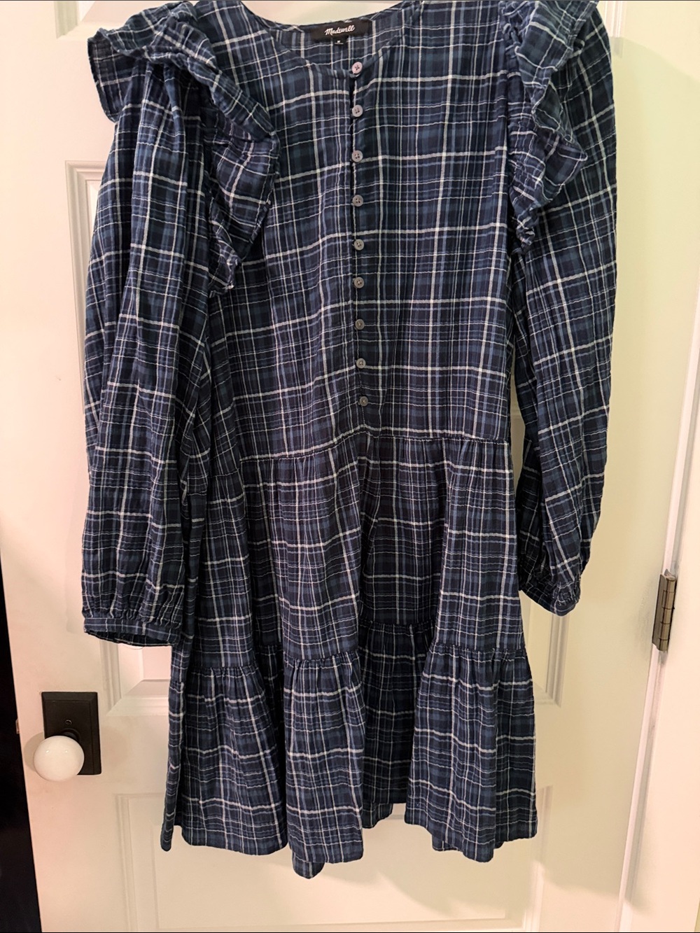 Madewell Navy Plaid Ruffle-Shoulder Tiered Dress